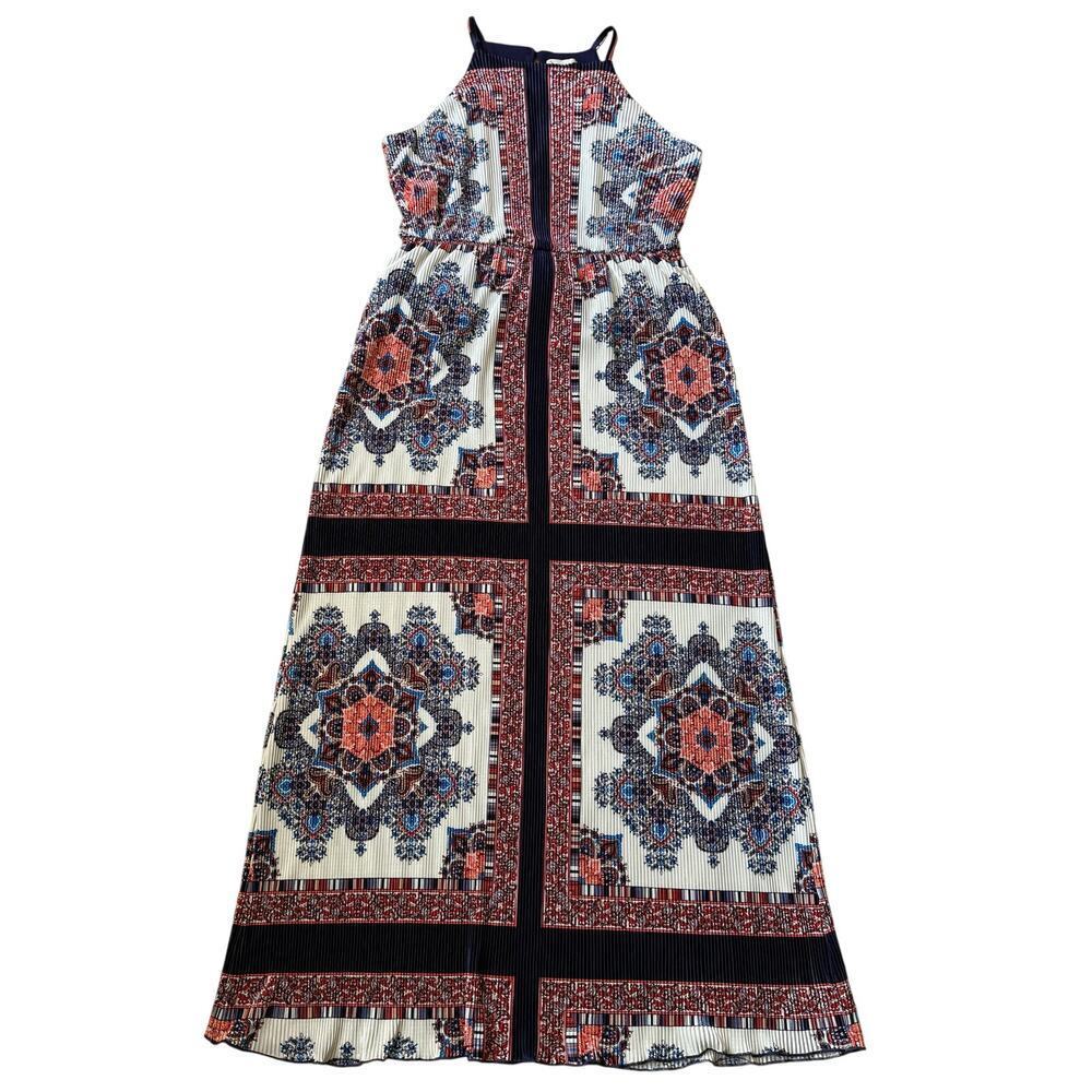 DB Halter Paisley Mandala Print Pleated Maxi Dress Sz 12 Vacation Resort Boho